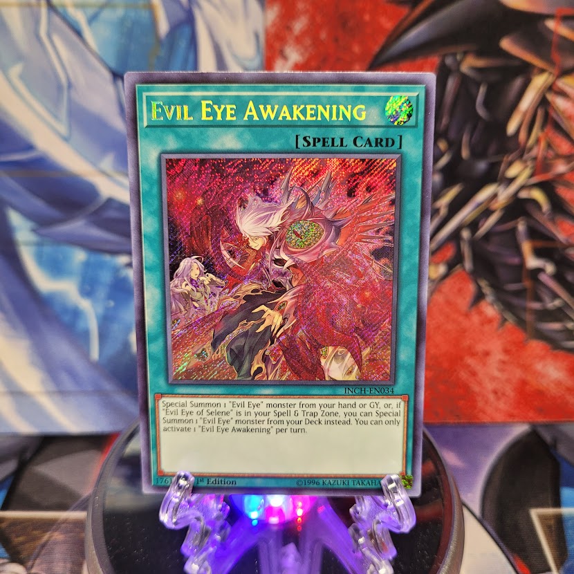  A Secret Rare "Evil Eye Awakening" card from the Yugioh Set: The Infinity Chasers.