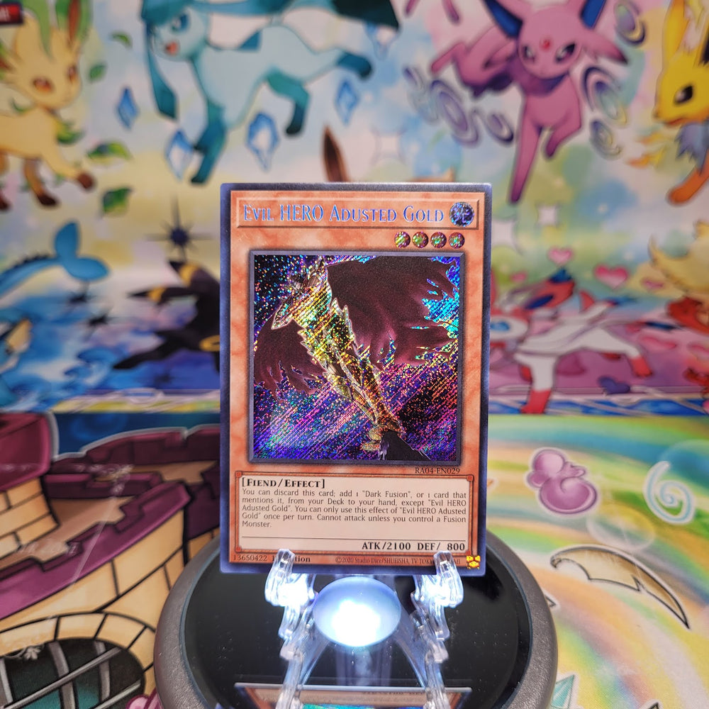A Secret Rare "Evil Hero Adusted Gold" card from the Yugioh Set: Quarter Century Stampede (RA04).