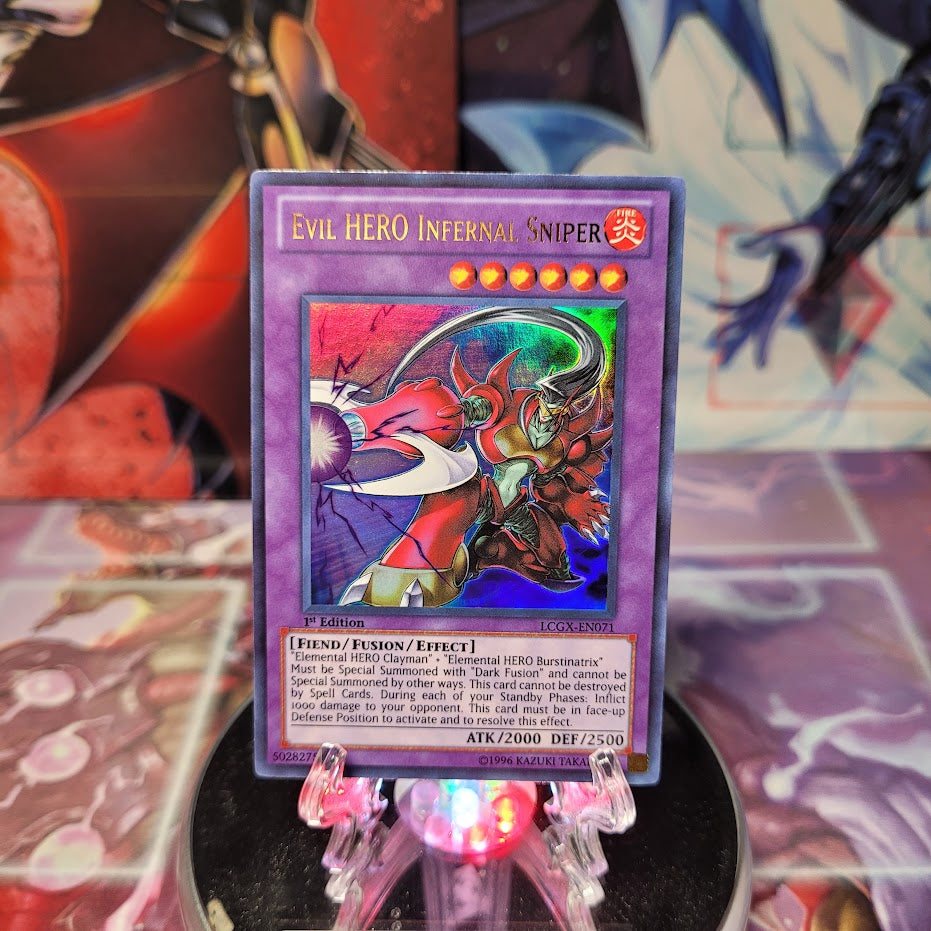 An Ultra Rare "Evil Hero Infernal Sniper" card from the Yugioh Set: Legendary Collection 2 The Duel Academy Years (LCGX).