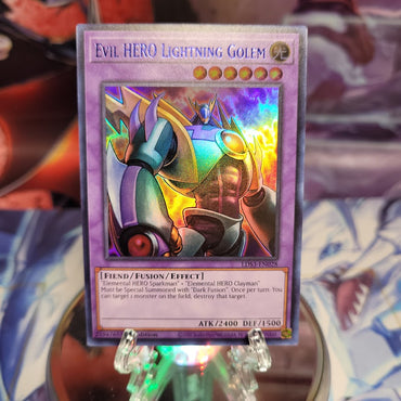 An Ultra Rare Blue "Evil Hero Lightning Golem" card from the Yugioh Set: Legendary Duelists: Season 3.