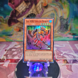 An Ultra Rare Red "Evil Hero Sinister Necrom" card from the Yugioh Set: Legendary Duelists: Season 3.