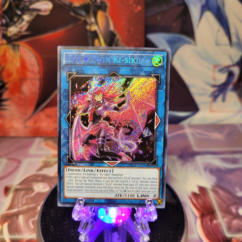 A Secret Rare "Evil Twin Ki-Sikil" card from the Yugioh Set: Battles of Legend: Crystal Revenge.