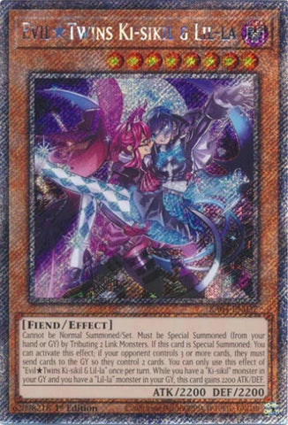 A Platinum Secret Rare "Evil Twins Ki-Sikil & Lil-La" card from the Yugioh Set: Quarter Century Stampede (RA04).