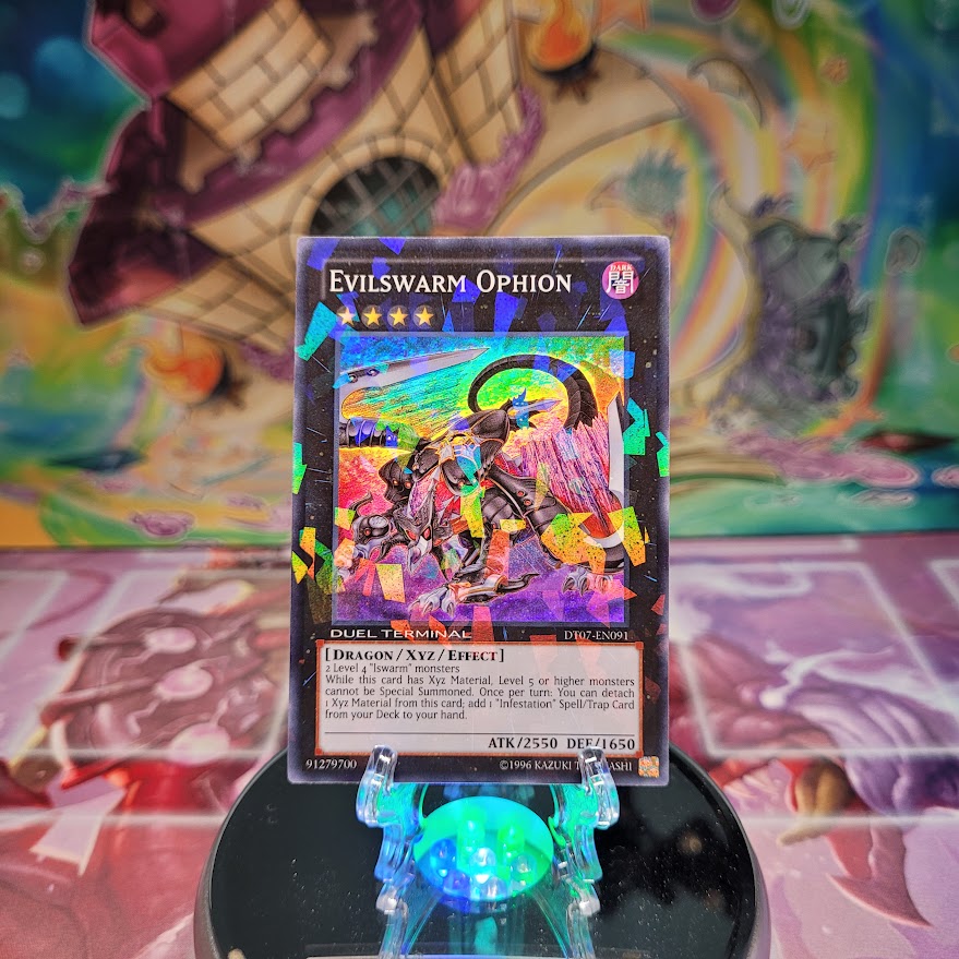 A Duel Terminal Super Rare "Evilswarm Ophion" card from the Yugioh Set: Duel Terminal 7.