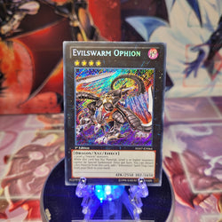 A Secret Rare "Evilswarm Ophion" card from the Yugioh Set: Hidden Arsenal 7: Knight of Stars (HA07).