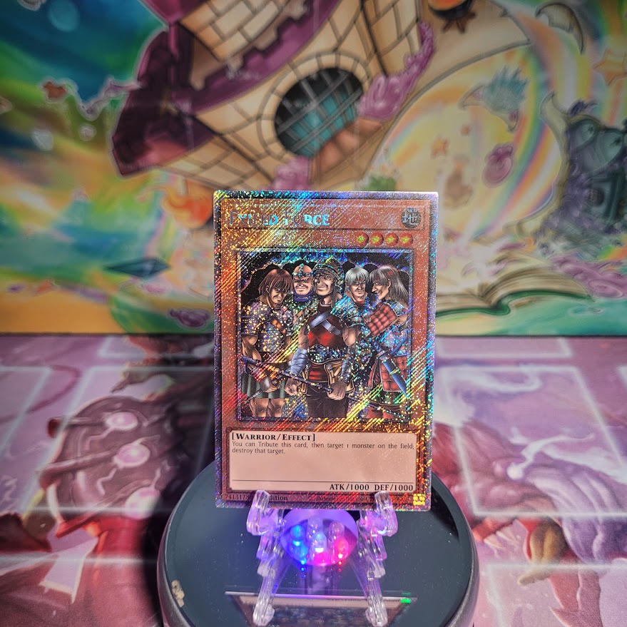 A Platinum Secret Rare "Exiled Force" card from the Yugioh Set: Quarter Century Bonanza (RA03)