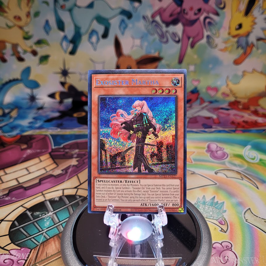 A Prismatic Secret Rare "Exosister Martha" card from the Yugioh 25th Anniversary Tin: Dueling Heroes set (MP23).