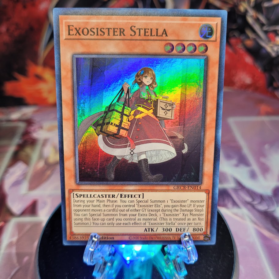  A Super Rare "Exosister Stella" card from the Yugioh Set: The Grand Creators.