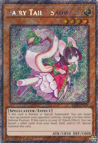 A Platinum Secret Rare "Fairy Tail - Snow" card from the Yugioh Set: Quarter Century Stampede (RA04).