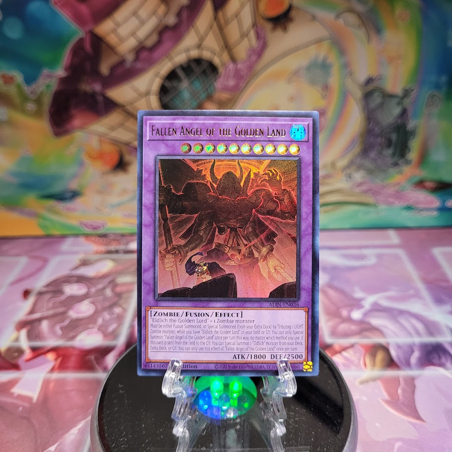 An Ultra Rare "Fallen Angel of the Golden Land" card from the Yugioh Set: Alliance Insight (ALIN).