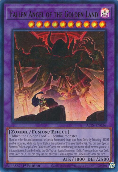 An Ultra Rare "Fallen Angel of the Golden Land" card from the Yugioh Set: Alliance Insight (ALIN).