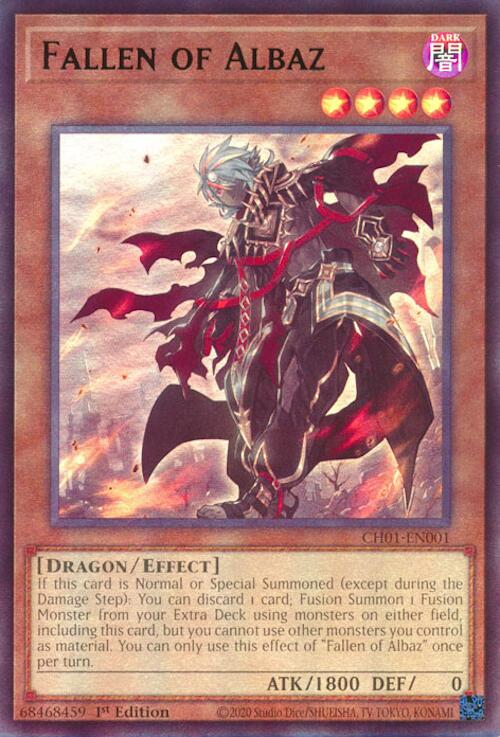 An Ultra Rare "Fallen of Albaz" card from the Yugioh Structure Deck: The Fallen & The Virtuous (CH01).