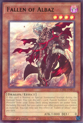 An Ultra Rare "Fallen of Albaz" card from the Yugioh Structure Deck: The Fallen & The Virtuous (CH01).