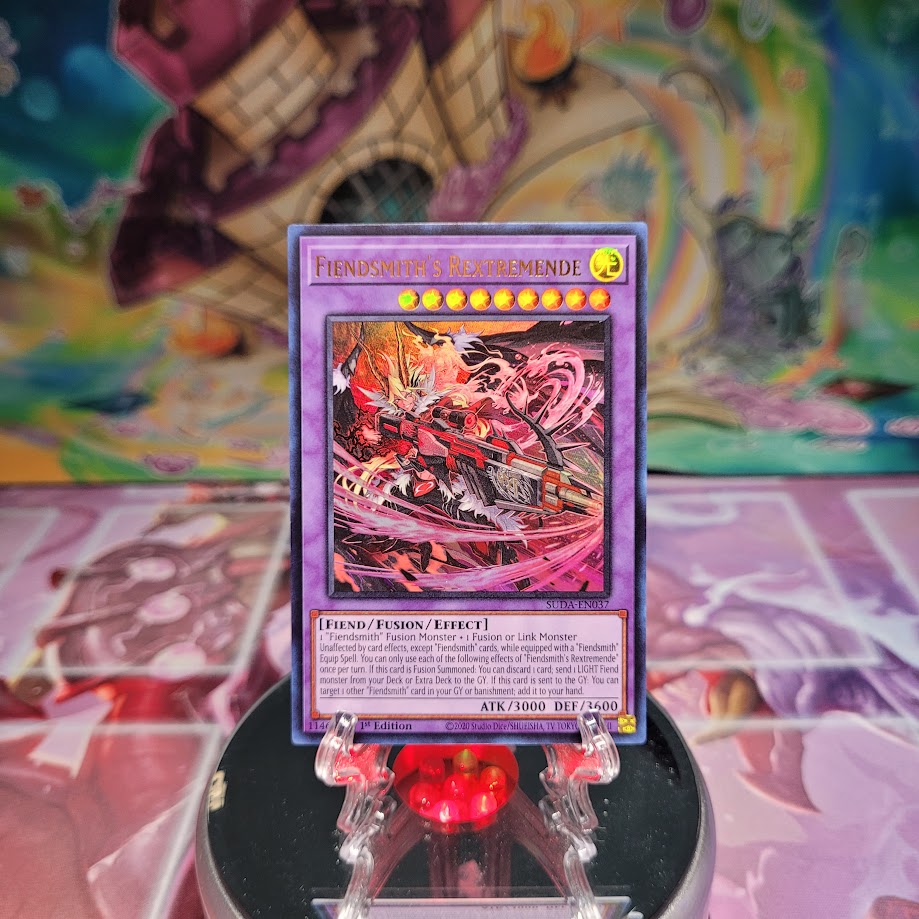 An Ultra Rare "Fiendsmith's Rextremende" card from the Yugioh Set: Supreme Darkness (SUDA).