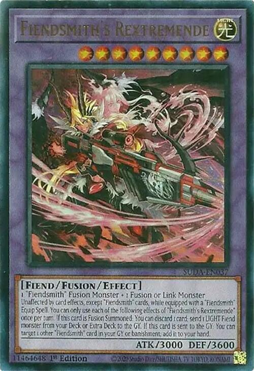 An Ultra Rare "Fiendsmith's Rextremende" card from the Yugioh Set: Supreme Darkness (SUDA).