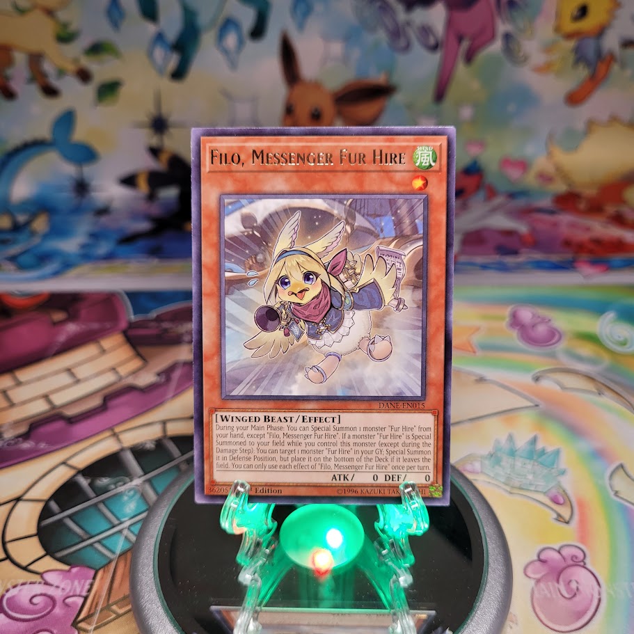 A Rare "Filo, Messenger Fur Hire" card from the Yugioh Set: Dark Neostorm (DANE).
