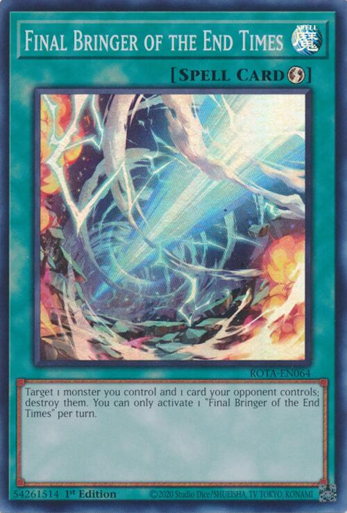 A Super Rare "Final Bringer of the End Times" card from the Yugioh Set: Rage of the Abyss (ROTA).