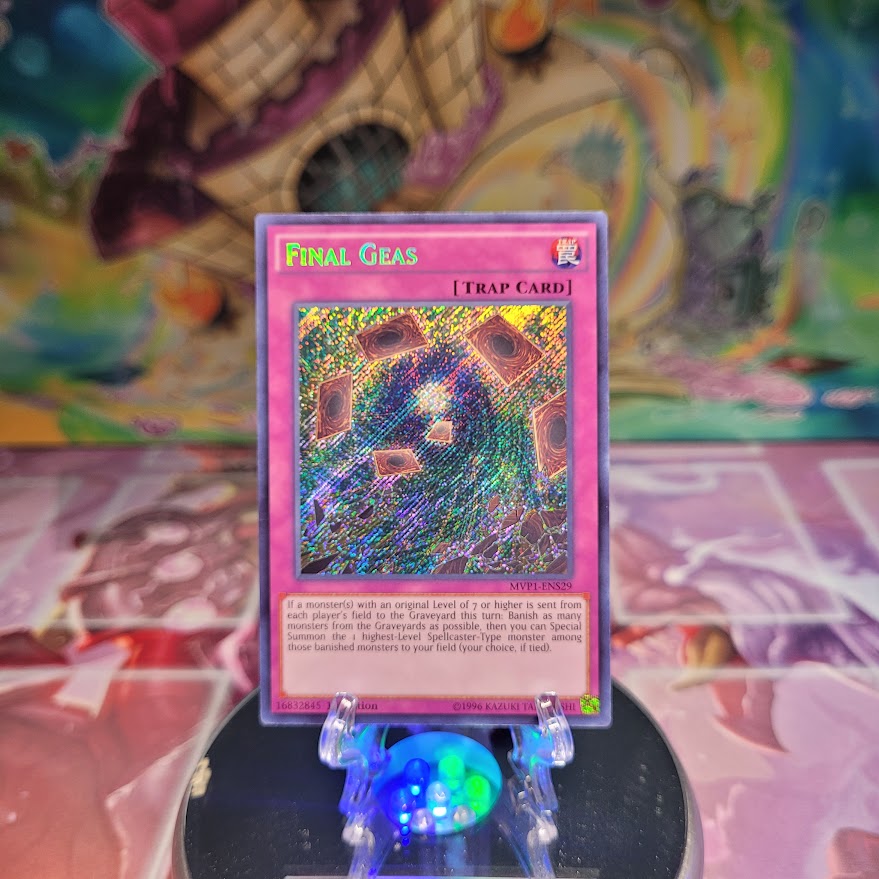 A Secret Rare "Final Geas" card from the Yugioh Set: The Dark Side of Dimensions Movie Pack: Secret Edition.