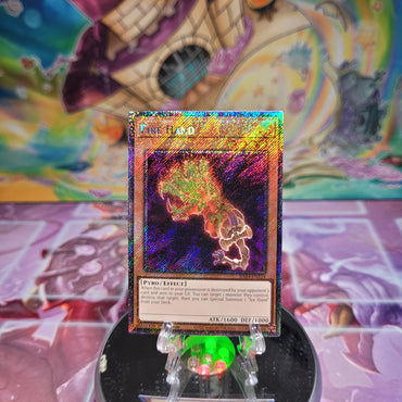 A Platinum Secret Rare "Fire Hand" card from the Yugioh Set: Quarter Century Stampede (RA04).