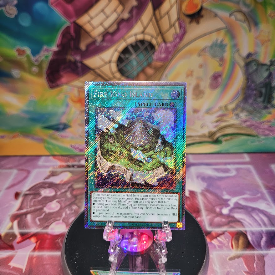 A Platinum Secret Rare "Fire King Island" card from the Yugioh Set: Quarter Century Bonanza (RA03)