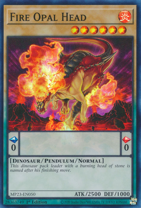 A Super Rare "Fire Opal Head" card from the Yugioh 25th Anniversary Tin: Dueling Heroes (MP23).