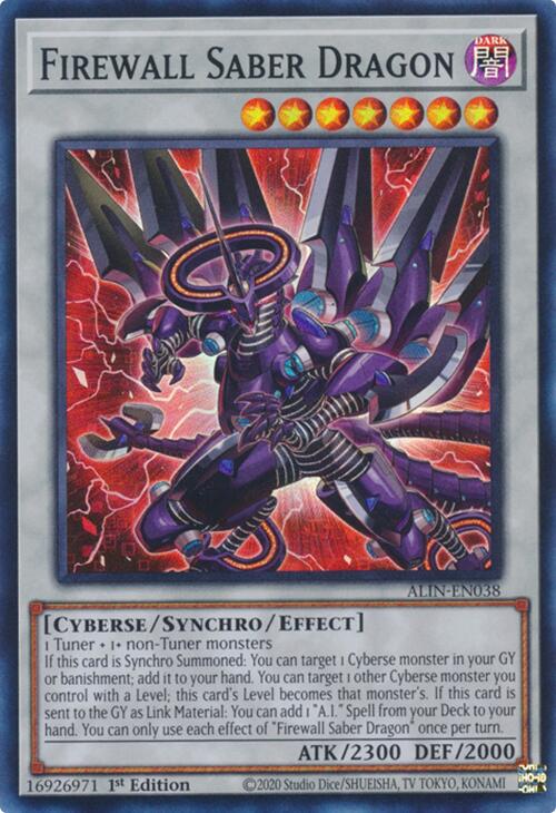 A Super Rare "Firewall Saber Dragon" card from the Yugioh Set: Alliance Insight (ALIN).