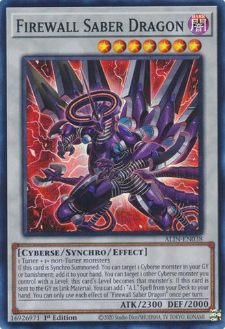 A Super Rare "Firewall Saber Dragon" card from the Yugioh Set: Alliance Insight (ALIN).