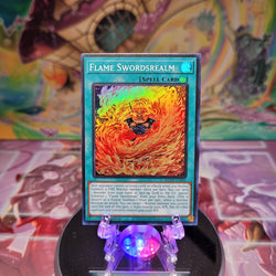 A Super Rare "Flame Swordsrealm" card from the Yugioh Set: Maze of Millennia.