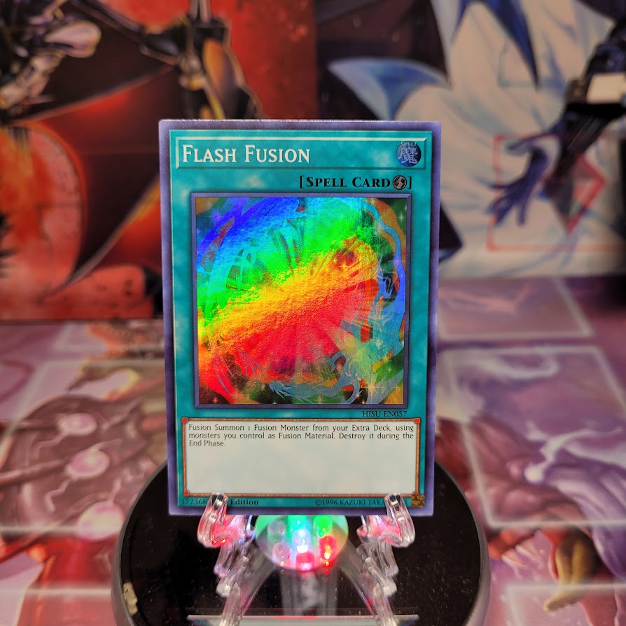 A Super Rare "Flash Fusion" card from the Yugioh Set: The Hidden Summoners (HISU).