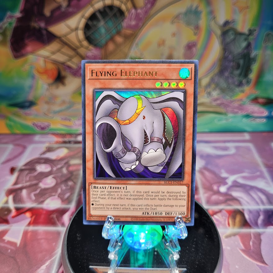 An Ultra Rare "Flying Elephant" card from the Yugioh Set: Battles of Legend: Chapter 1.