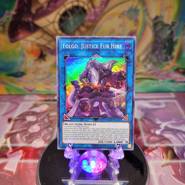 A Super Rare "Folgo, Justice Fur Hire" card from the Yugioh Set: Soul Fusion.