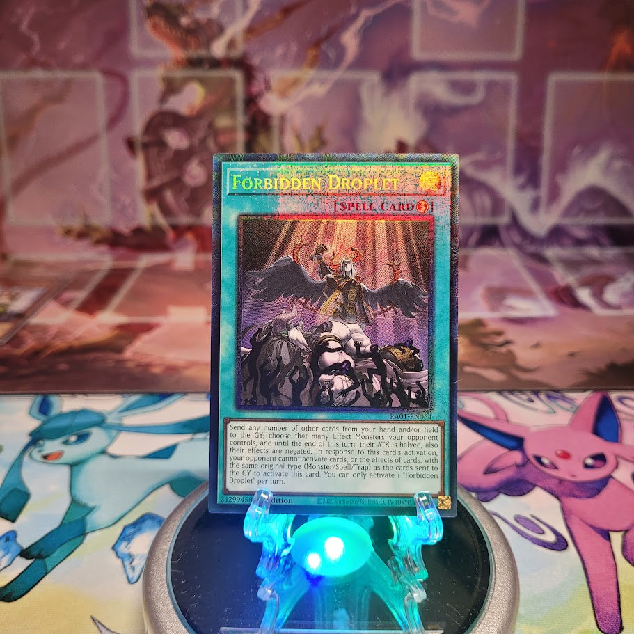 A Prismatic Collector's Rare "Forbidden Droplet" card from the Yugioh Set: Rarity Collection 1 (RA01).