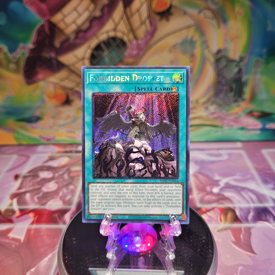  A Platinum Secret Rare "Forbidden Droplet" card from the Yugioh Set: Rarity Collection 1 (RA01).