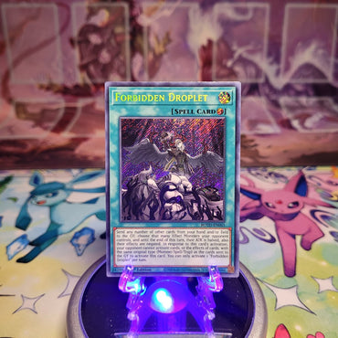A Secret Rare "Forbidden Droplet" card from the Yugioh Set: Rise of the Duelist (ROTD).