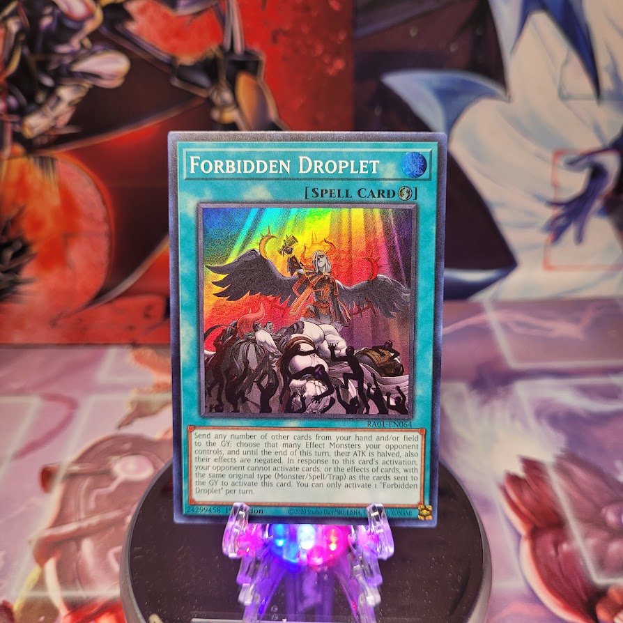 A Super Rare "Forbidden Droplet" card from the Yugioh Set: Rarity Collection 1 (RA01). 