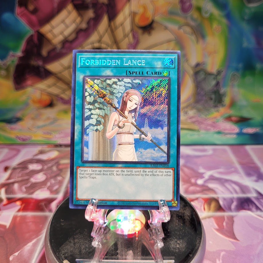 A Secret Rare "Forbidden Lance" card from the Yugioh Set: Rarity Collection 2 (RA02).