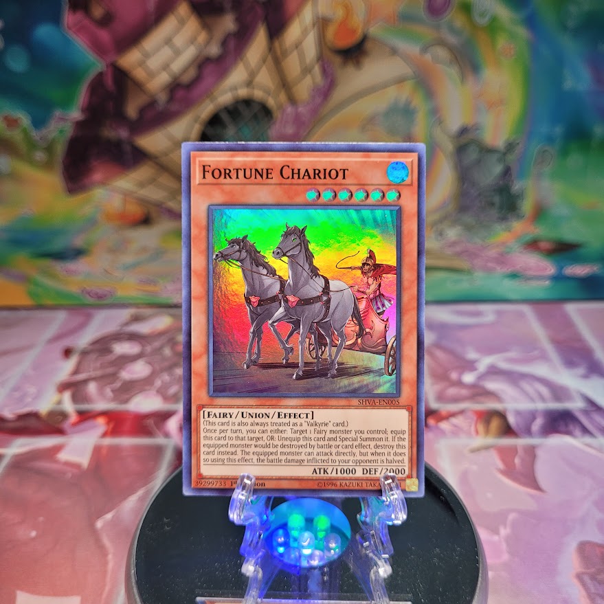 A Super Rare "Fortune Chariot" card from the Yugioh Set: Shadows in Valhalla.