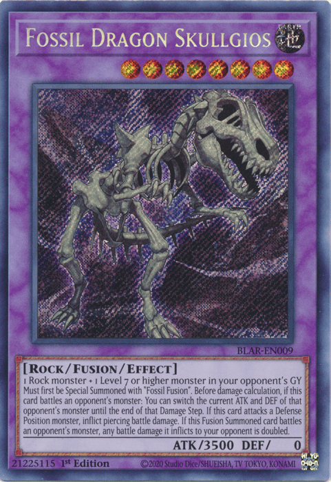 A Secret Rare "Fossil Dragon Skullgios" card from the Yugioh Set: Battles of Legend: Armageddon (BLAR)..