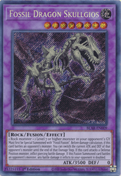A Secret Rare "Fossil Dragon Skullgios" card from the Yugioh Set: Battles of Legend: Armageddon (BLAR)..