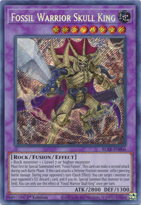 A Secret Rare "Fossil Warrior Skull King" card from the Yugioh Set: Battles of Legend: Armageddon (BLAR).