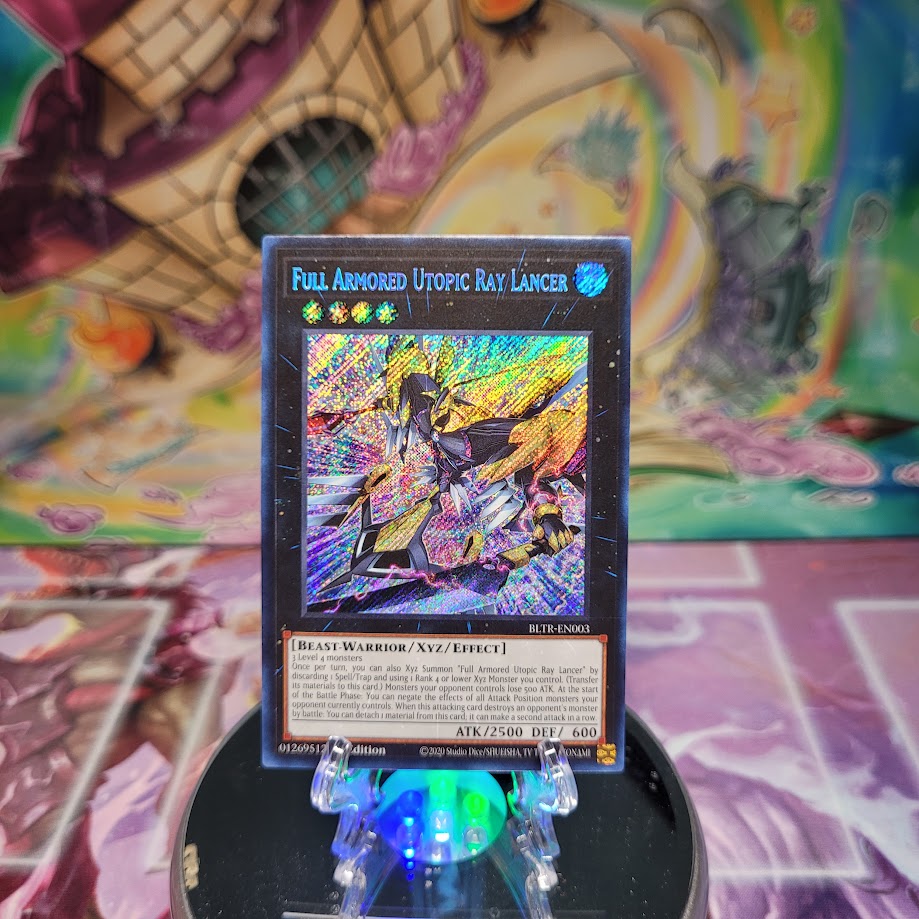 A Secret Rare "Full Armored Utopic Ray Lancer" card from the Yugioh Set: Battles of Legend: Terminal Revenge.