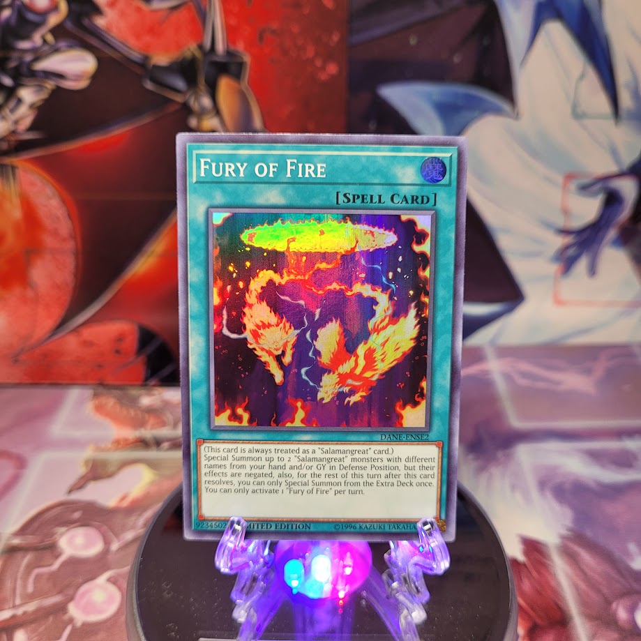 A Super Rare "Fury of Fire" card from the Yugioh Set: Dark Neostorm Special Edition (DANE).