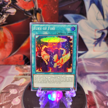 A Super Rare "Fury of Fire" card from the Yugioh Set: Dark Neostorm Special Edition.