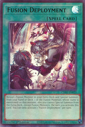 An Ultra Rare "Fusion Deployment" card from the Yugioh Structure Deck: The Fallen & The Virtuous (CH01).