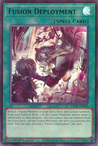 An Ultra Rare "Fusion Deployment" card from the Yugioh Structure Deck: The Fallen & The Virtuous (CH01).