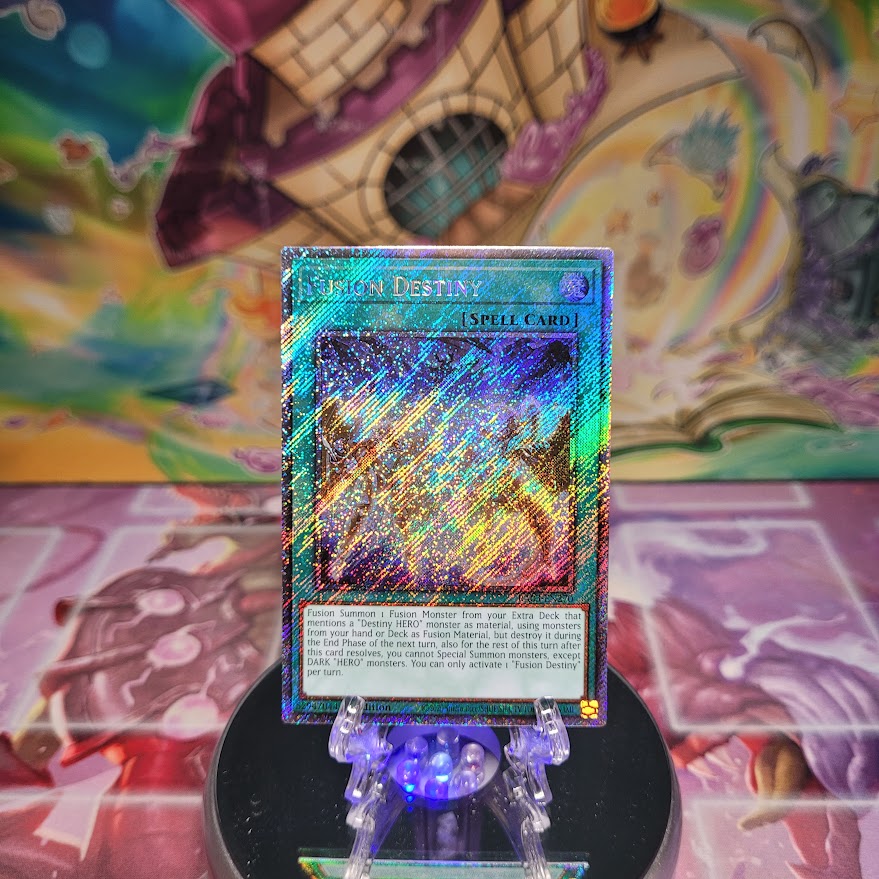 A Platinum Secret Rare "Fusion Destiny" card from the Yugioh Set: Quarter Century Bonanza (RA03)