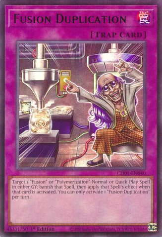 An Ultra Rare "Fusion Duplication" card from the Yugioh Structure Deck: The Fallen & The Virtuous (CH01).