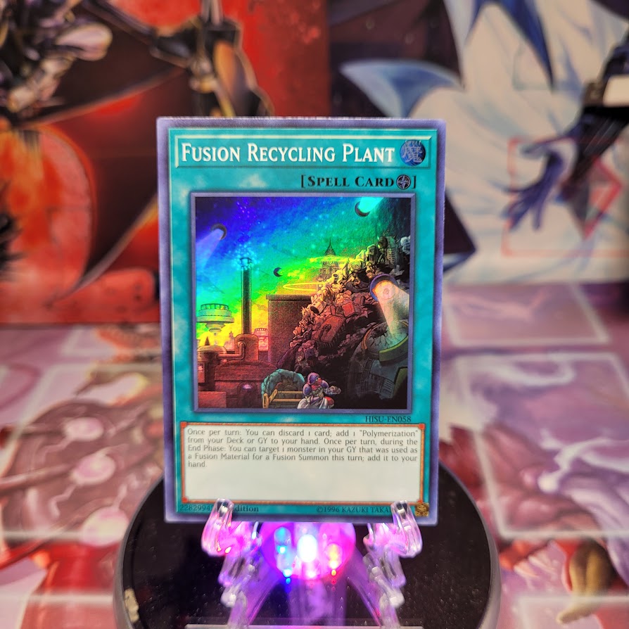 A Super Rare "Fusion Recycling Plant" card from the Yugioh Set: The Hidden Summoners (HISU).