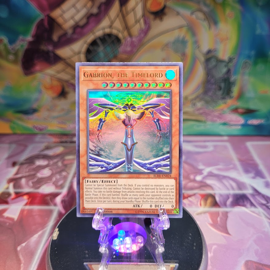 An Ultra Rare "Gabrion, the Timelord" card from the Yugioh Set: Battles of Legend: Relentless Revenge.