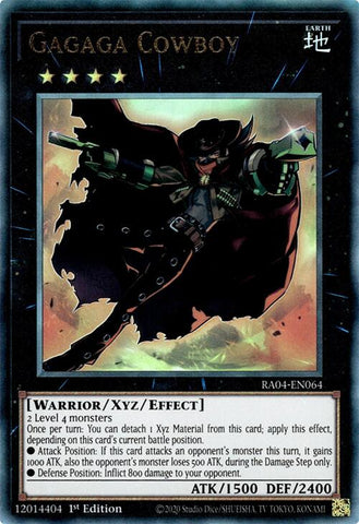 A Prismatic Ultimate Rare "Gagaga Cowboy" card from the Yugioh Set: Quarter Century Stampede (RA04).